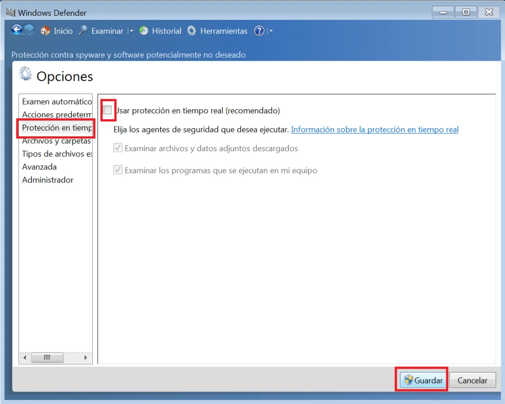 Uncheck the "Use real-time protection" box fr Windows 7
